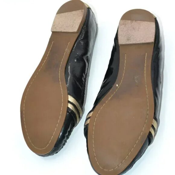 Coach Black Patent Leather Metallic Gold Logo Holiday Vtg Flats Loafers Shoes 8 - Picture 8 of 9